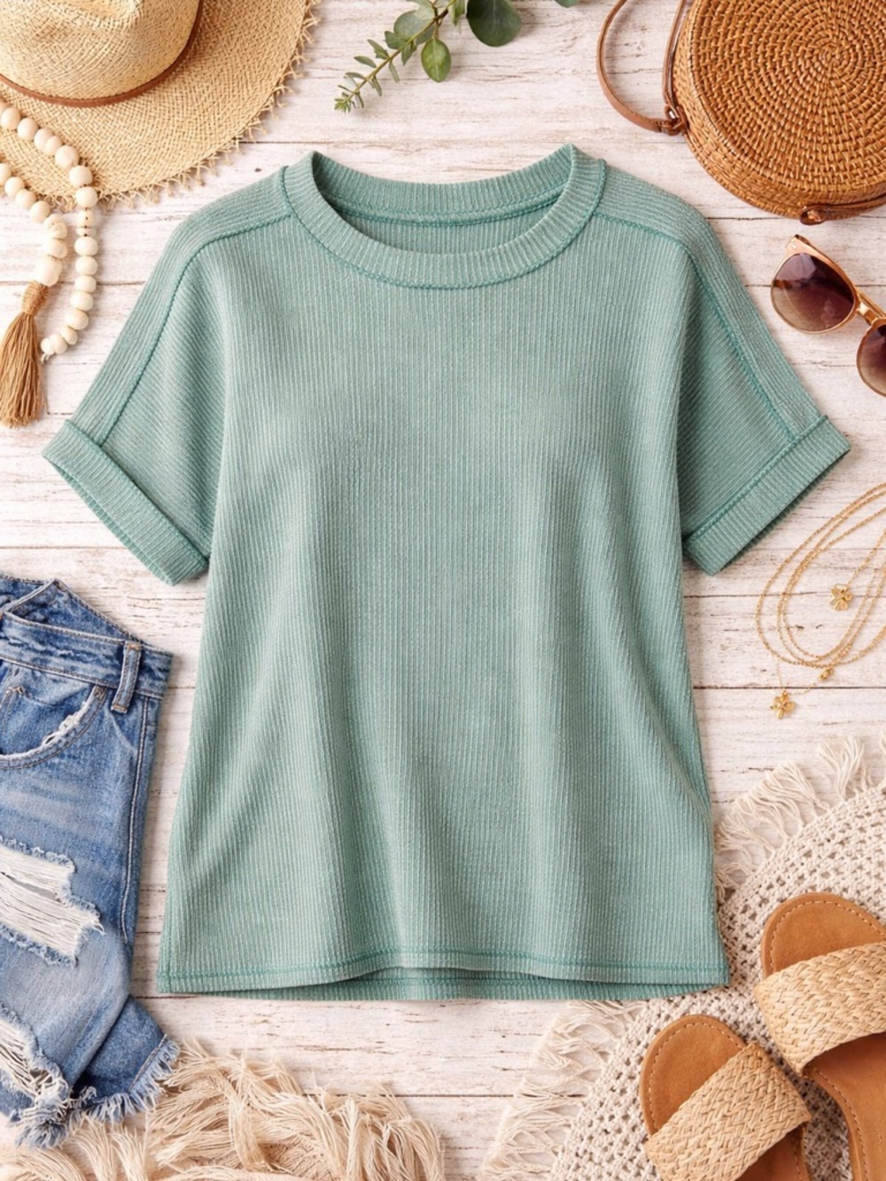 Zenana Sage Green Ribbed Tee L/XL Oversized Boxy Short Sleeve Top NWT